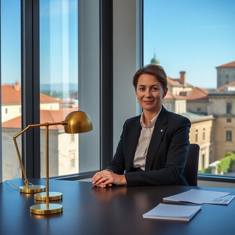 Portret financijskog novinara za tamnim stolom sa zlatnom stolnom svjetiljkom